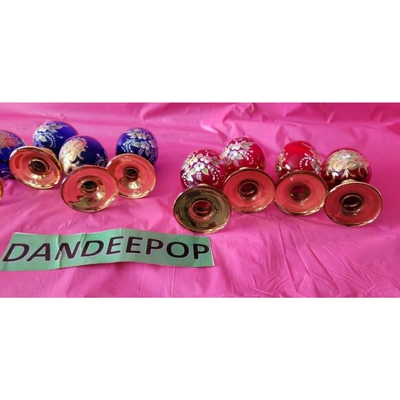 8 Piece Blue Red Gold Enamel Floral Embellished Brandy Snifters Cordial Glasses - Picture 6 of 12